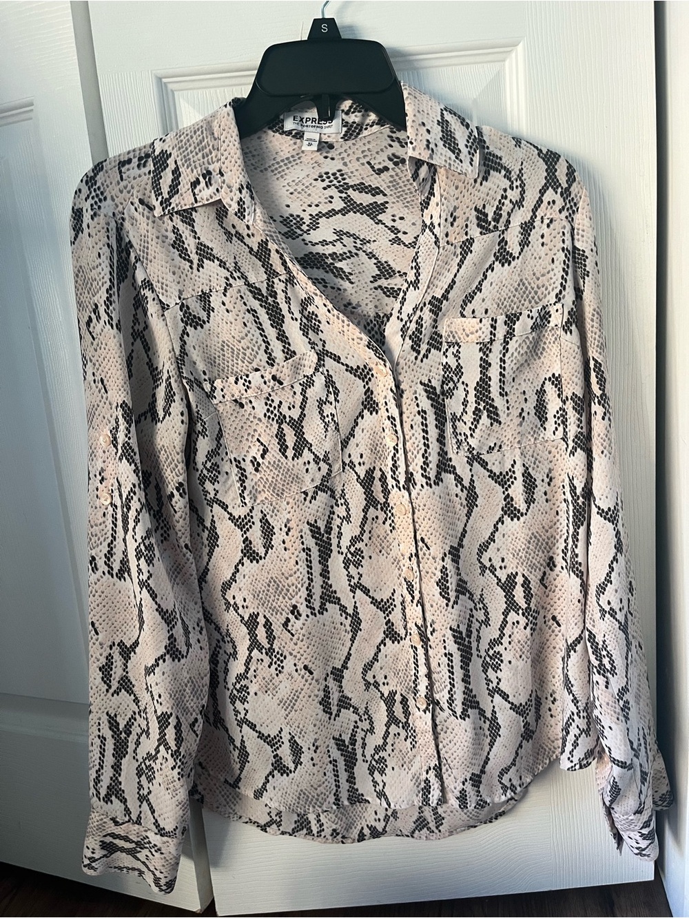 Express Pale Pink and Black Snake-Print Button-Down Blouse